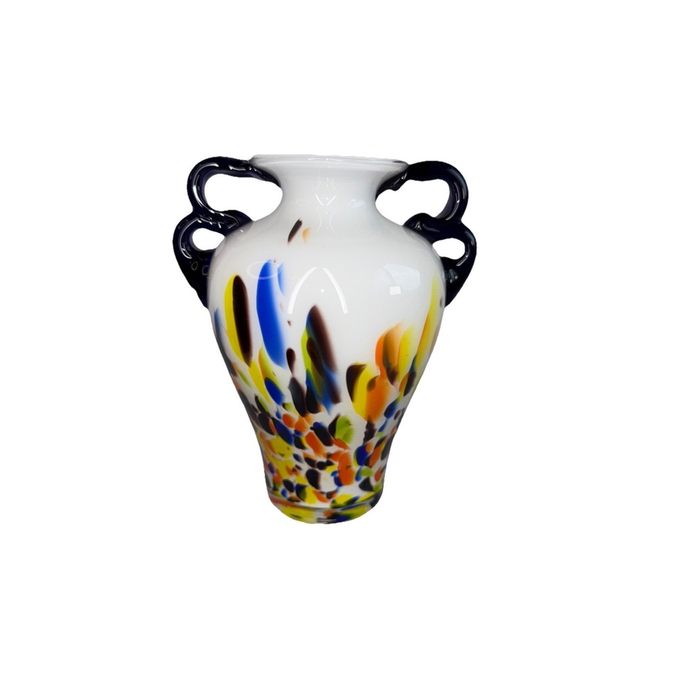 Colorful Glass‎ Vase Speckled Splatter Paint on White Double Cobalt Handle 7"